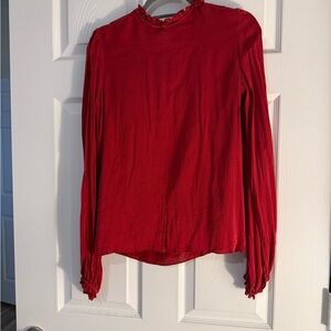 Carolina Herrera Red Puff Sleeve Blouse with Mandarin Collar